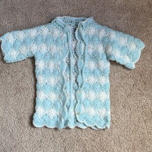 Vintage Handmade Light Blue & White Crochet Baby Sweater